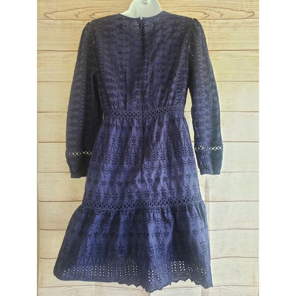 J. Crew Eyelet Lace Flutter Hem Dress Size 2 Navy Blue Preppy A Line - Picture 2 of 7